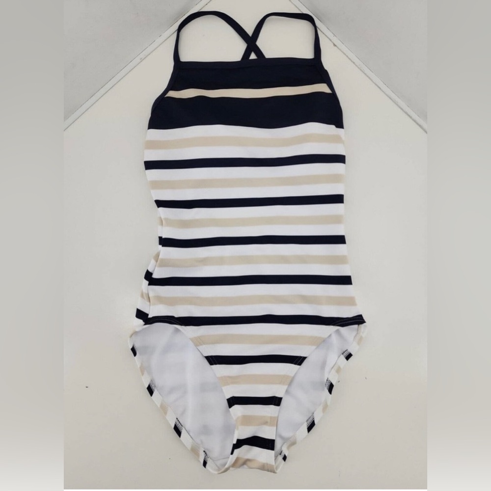 Michael Kors Nauset Stripe High Neck Cross Back One Piece Swimsuit Navy Size 8